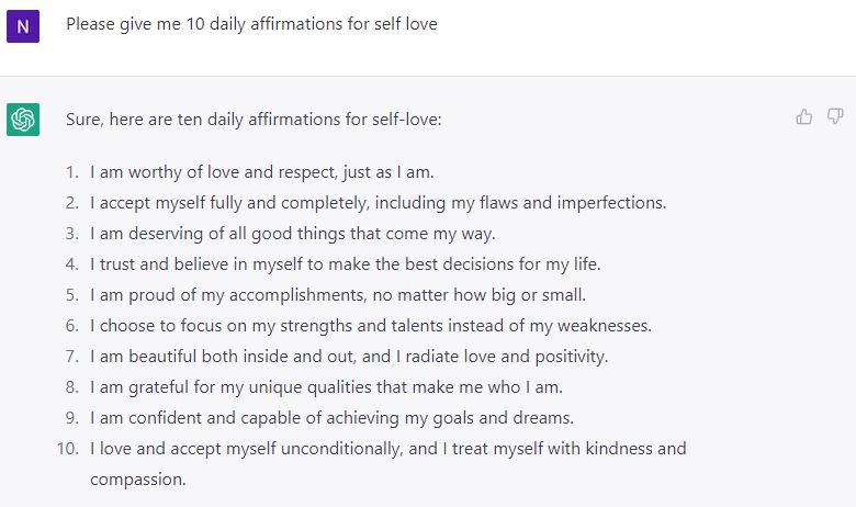 ChatGPT produces artificial intelligence affirmations for self love